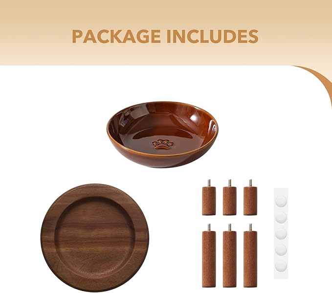 Havniva Elevated Cat Bowls Raised Ceramic Cat Bowl, 5.9” Wide Opening Cat Food Bowl Whisker Friendly Cat Dish Anti-Slip with Wood Stand, Shallow Pet Food & Water Bowl for Indoor Cats
