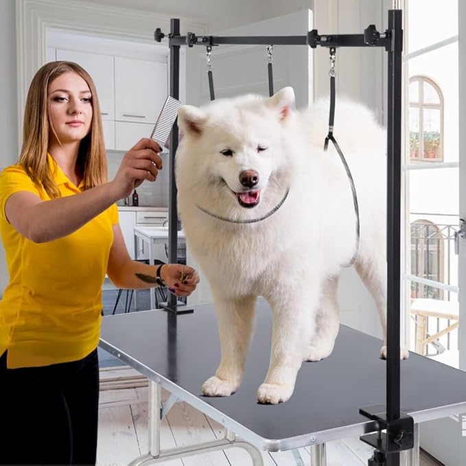 AGESISI H-Shape Dog Grooming Arm with Clamp, Heavy Duty Pet Grooming Table Arm with Loop Noose, 32" Height Adjustable and 34" - 50" Width Adjustable for Large & Medium & Small Pets, Black