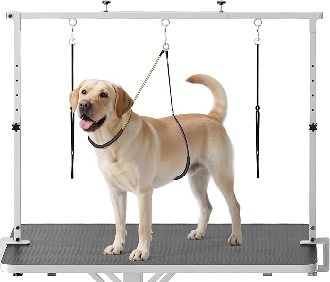 Dog Grooming Arm with Clamp for Large Dog, Adjustable Height to 33in and Width to 43in, Pet Grooming Table Arm with 2 Loop Noose & 2 No Sit Haunch Holder for Home & Store (Table Not Include)