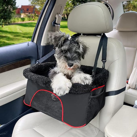 ROODO Deluxe Dog Booster Seat with Height-Adjustable Foldable Metal Frame and Safety Leash,Portable Pet Car Seat for Under 20lb Puppy Cats with Plush Thick Cushion Mesh Window Pockets(Black)