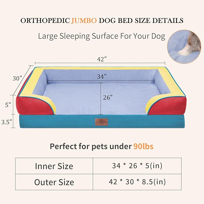Comfort Expression Orthopedic Dog Bed for Extra Large Dogs 42x30 Inch, Waterproof Egg Crate Foam XL Pet Bed with Bolsters, Dog Couch with Washable Cover & Non-Slip Bottom, Funfetti Fiesta