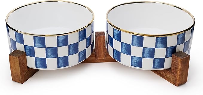 Ceramic Dog Bowls for Medium Dogs, 3.5 Cups Checkered Dog Food and Water Bowl with Acacia Wood Stand, Non-Slip Anti-Tip Elevated Feeding Station, Blue and White