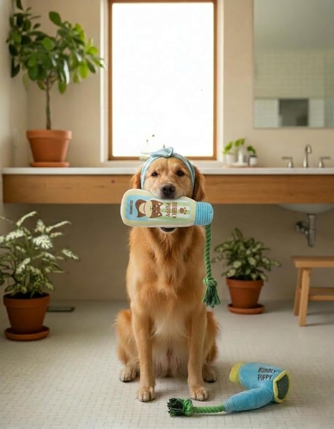 2-Pack Funny Squeaky Dog Toy Bundle - Cute Shampoo Bottle & Hair Dryer Plush Set - Interactive Spa Themed Soft Stuffed Toys for Puppies, Small & Medium Dogs - Dog Enrichment & Gift Set