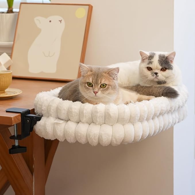 CHEERPALS Cat Desk Bed with Reversible Cushion, 90°Foldable Cat Hammock for Desk Mounted Removable & Washable, Suitable for Medium-to-Large Cats and Puppy, Cloud Series(White, Large)