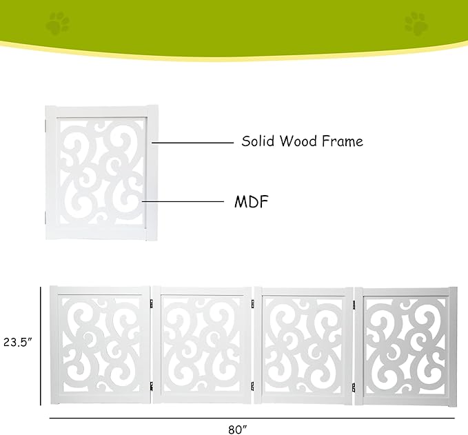 Ashfield & Harkness: 4-Panel Pet Gate - Scroll White - Wooden Foldable Freestanding Dog Fence, 80 x 23.5, Doorways-Halls-Stairs, 360 Rotated Hinges