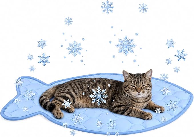 SZEE Cat Cooling Mat for Cats & Small Dogs, Summer Pet Cooling Mat with Ice Silk Fabric, Machine Washable, Fish-Shaped, for Bed, Sofa, Floor, Car Seat & Crate, with Anti-Slip Bottom (27” × 18”)