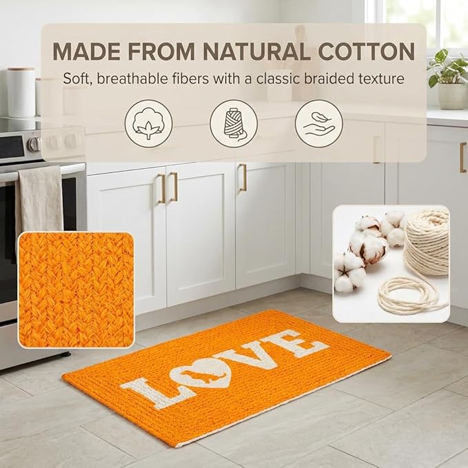 Super Area Rugs Decorative Dog Feeding Mat - 15" x 23" Natural Cotton Pet Bowl Rug, Hand-Woven Water-Absorbent Placemat for Dogs & Puppies (Love/Coral)