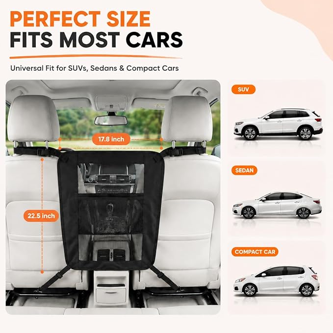 Dog Car Barrier, Dog Car Net Barrier, Heavy Duty Canvas Seat Divider with Belt Set, Double-Sided Organizer, Adjustable Pet Safety Kit, Precision Fit for SUV & Cars