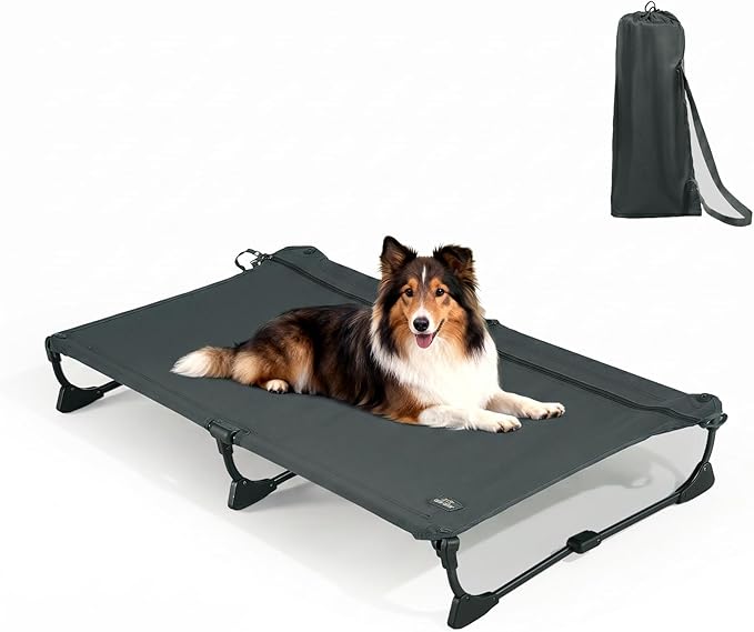 CANINE CANYON Upgraded Non-Slip Daisy Cot, Large Foldable Elevated Dog Bed, Portable Raised Outdoor Folding Dog Cot for Camping/Home, Chew Proof Waterproof Heavy Duty Up to 160 Lbs, Dark Gray, 43"x27"