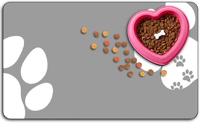 Dog Feeding Mat Top Paw Dog Bowl Mat Grey Footprint Pattern Cute Rectangle Diatomaceous Earth Absorbent Quick Dry Cat Pet Placemat Protect Floors for Food and Water Supplies 20 x 12 Inch