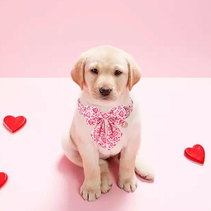 Valentine’s Day Dog Collar with Bow Tie, Pink Heart Bowtie Collar with Metal Buckle, Valentine’s Day Gift Pet Collar for Puppy Girl Boy Dog or Cat, Wedding Dog Collar, S, Neck 10-16in