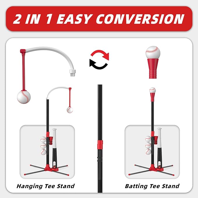 Wee Wonders 3-in-1 T Ball Set - Adjustable Height, Hanging Tee Ball Set with Automatic Pitching Machine/6 Balls/Retractable Bat, TBall Stand Suit for Outdoor, Sport Toys Gifts for Kids Boys Age 3+