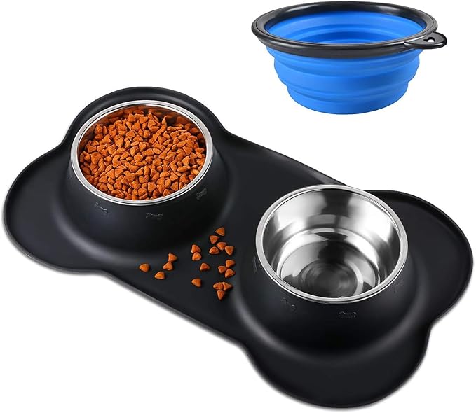 Double Dog Food Bowls Stainless Steel & Water Dish with No-Spill and Non-Slip Silicone Mat, Removable Puppy Feeder Bowls for Small Medium Size Cat Dogs Kitten,14oz
