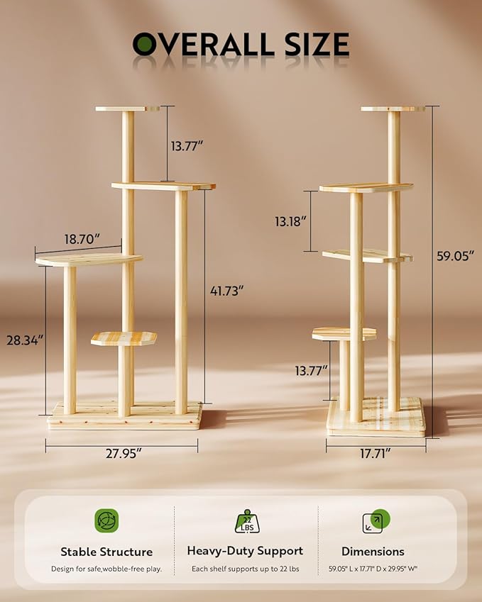 60" Tall Outdoor Cat Tree, Cat Tower Weatherproof for Patio,Garden,Balcony, Durable 4-Tier Natural Wood w/Scratching Posts for Multiple Cats,Outside&Indoor Adult Cats and Kittens Play, Climbing