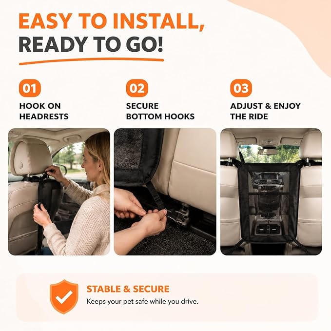 Dog Car Barrier, Dog Car Net Barrier, Heavy Duty Canvas Seat Divider with Belt Set, Double-Sided Organizer, Adjustable Pet Safety Kit, Precision Fit for SUV & Cars