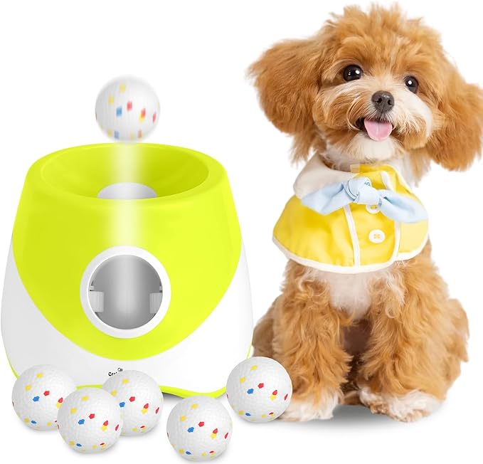 TeqHome Automatic Ball Launcher for Dogs, Interactive Dog Ball Thrower with 6 PCS 2.17" ETPU Balls, 3 Adjustable Distance Settings (20-46FT), Indoor Outdoor Fetch Trainer Toy for Small & Medium Dogs