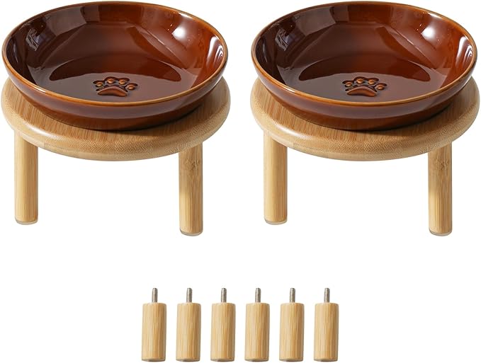 Havniva Elevated Cat Bowls Raised Ceramic Cat Bowl, 5.9” Wide Opening Cat Food Bowl Whisker Friendly Cat Dish Anti-Slip with Bamboo Stand, Shallow Pet Food & Water Bowl for Indoor Cats