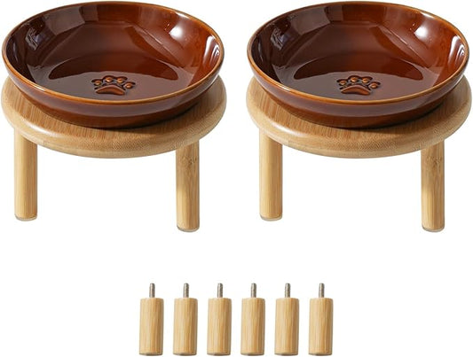 Havniva Elevated Cat Bowls Raised Ceramic Cat Bowl, 5.9” Wide Opening Cat Food Bowl Whisker Friendly Cat Dish Anti-Slip with Bamboo Stand, Shallow Pet Food & Water Bowl for Indoor Cats
