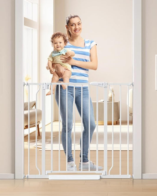 34" Extra Tall Baby Gate for Stairs, Auto Close Stroller Friendly Dog Gate Indoor for Doorways, Pressure Mounted 29"-40" Wide Baby Gate, Easy Walk Through Gate for Children & Pets, White
