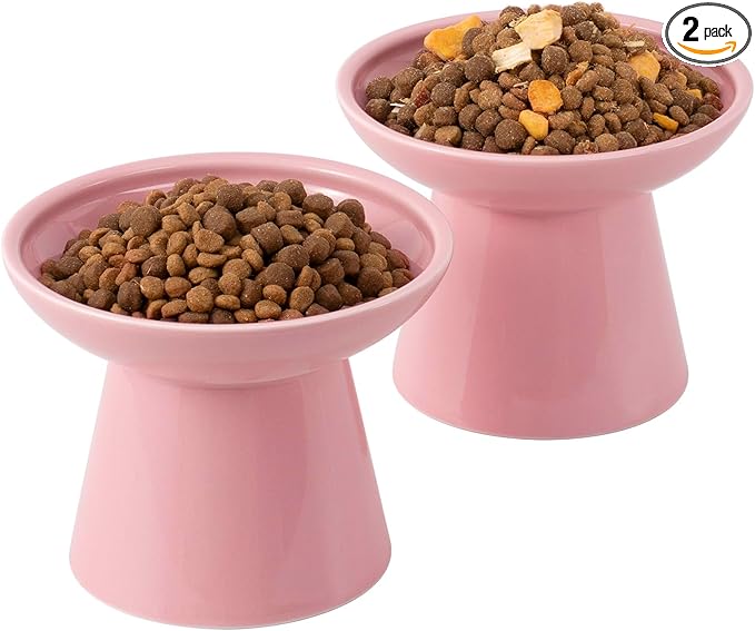 CEEFU Extra Wide Elevated Ceramic Cat Bowl, 6.2" Shallow Dish for Whisker Fatigue Relief, 5" Height for Easy Feeding, Durable Raised Cat Food Bowls, Pack of 2, Pink