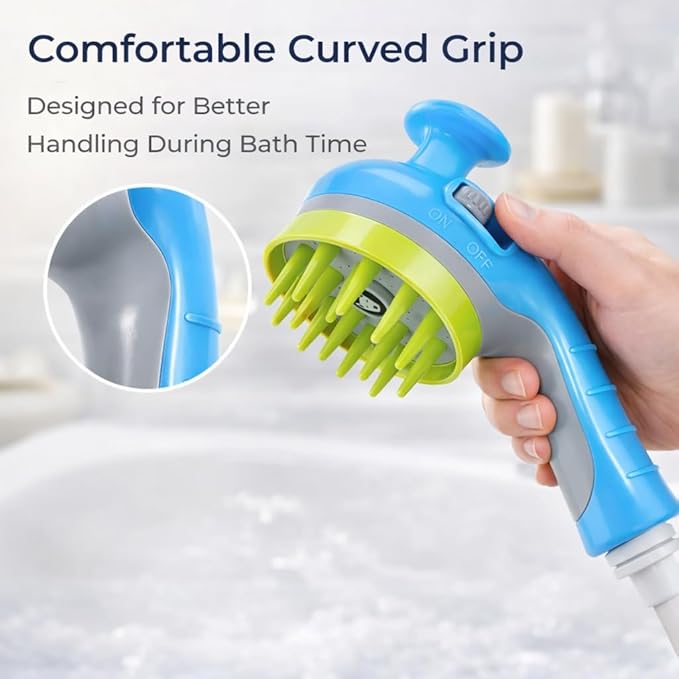 Pet Bathing Sprayer with Soft TPR Massage Brush, Dog Shower Sprayer Attachment with On/Off Switch, Handheld Pet Bath Shower Head with 78.7" Hose, Diverter Valve and Adapters for Dogs and Cats (Blue)