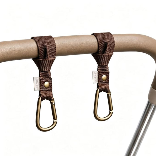 haakaa Baby Stroller Hooks for Bags丨Universal Stroller Straps and Hooks, Non-Slip with One-Hand Opening, Multipurpose Hooks for Diaper Bags, Backpacks, Bikes & Shopping Carts - Brown, 2 Pack
