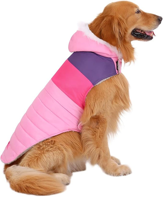 HDE Dog Puffer Jacket Fleece Lined Warm Dog Parka Winter Coat with Harness Hole Pink Stripe - XL
