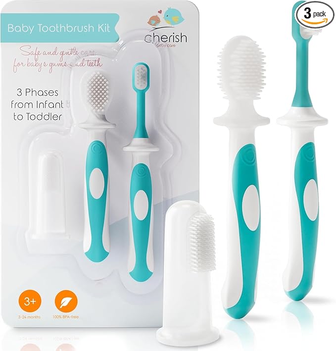Cherish Baby Care Baby Toothbrush & Toddler Toothbrush Set (0-2 Years) - BPA-Free & Safety-Tested, 2023 Award Winner, Food-Grade Silicone (Teal)