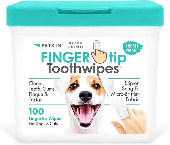 Petkin Fingertip Tooth Wipes for Dogs and Cats, 100 Finger Wipes - Slip-On, Snug Fit, Micro-Bristle Fabric - Cleans Teeth, Gums, Plaque & Tartar - Convenient, Ideal for Home and Travel - Fresh Mint