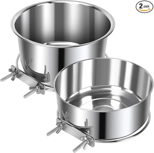 2 Pcs Large Pet Dog Food Water Bowl for Cage Stainless Steel Non-Spill Kennel Hanging Cats Bowls with Clamp Holder Crate Feeder Dish for Medium Large Dogs Huge Pets (7.1x3.7'' & 7.1x2.5'')