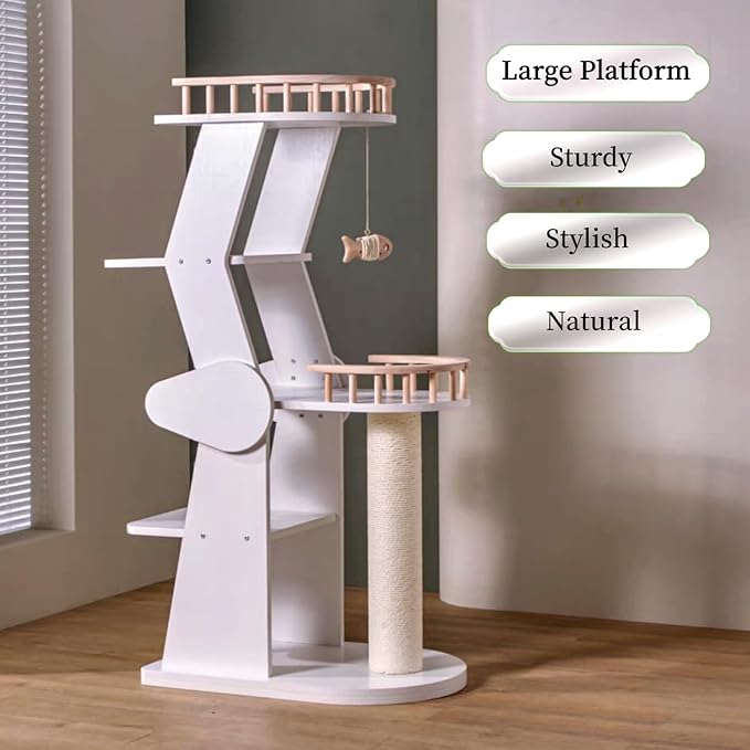 SHENGOCASE Modern Wooden Cat Tree Tower for Window Viewing Watching, 54.3 Inches Tall, 5-Level Large Perch Platform with Sisal Scratching Post, White