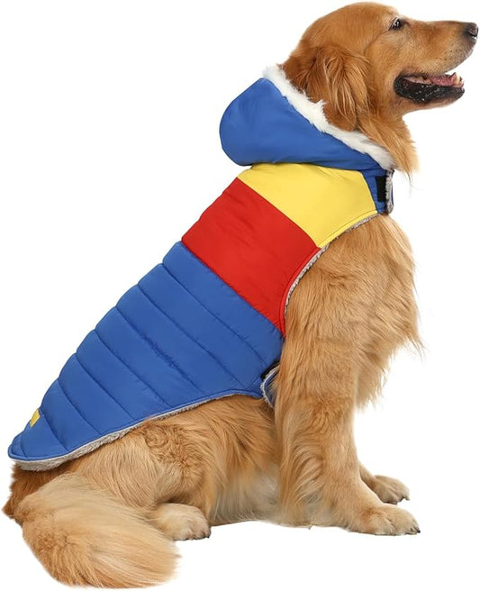 HDE Dog Puffer Jacket Fleece Lined Warm Dog Parka Winter Coat with Harness Hole 90s Colorblock - XXL