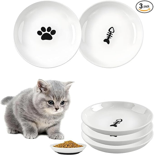 3 Pack Cat Food Bowl, Ceramic Cat Bowls, Anti Whisker Fatigue Cats Bowl Set,Shallow Wide Kitten Plates for Food and Water (Cat's Paw+Fishbone)