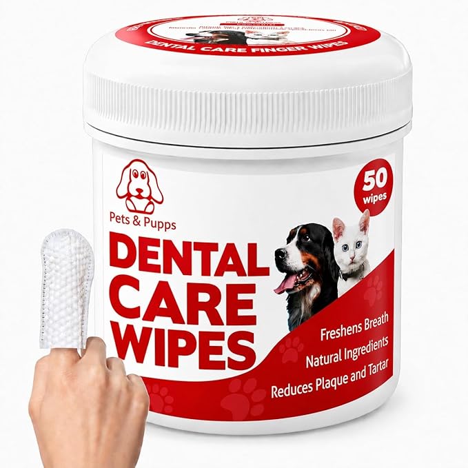 Pets & Pupps Dog Teeth Cleaning Wipes, Cats & Dogs Tooth Brushing Kit to Remove Plaque & Tartar Buildup, Dog Toothbrush and Toothpaste Alternative for Dog Breath Freshener & Dental Care - 50 Count