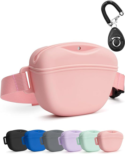 heouvo Dog Treat Pouch with Training Clicker, Upgrade Stronger Magnetic Closure to Avoid Spilling, 1.67 Cup Silicone Treat Bag Fanny Pack with Waist Belt for Pet Training Walking (Pink)