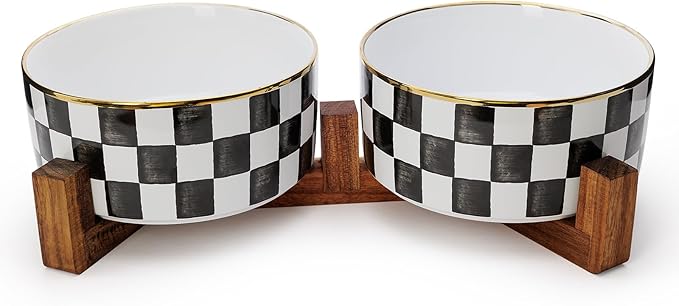 Ceramic Dog Bowls for Medium Dogs, 3.5 Cups Checkered Dog Food and Water Bowl with Acacia Wood Stand, Non-Slip Anti-Tip Elevated Feeding Station, Black and White