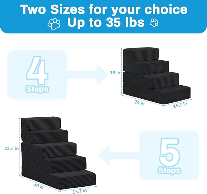 Dog Stairs for Small Dogs, 22" H Dog Steps for High Bed, 5 Steps 3 in 1 Foldable Pet Ramp for Large Cats Climb, Transformable Large Cats Ramp to Get on Couch, Non-Slip Balanced, Black