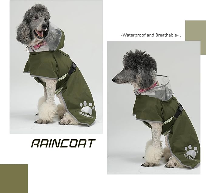 MAMORE Dog Raincoat Hooded Rain Jacket for Small Medium Large Dogs Slicker Poncho Bottom Waterproof Adjustable Reflective Breathable Leash Hole (Army Green, XXX-Large)