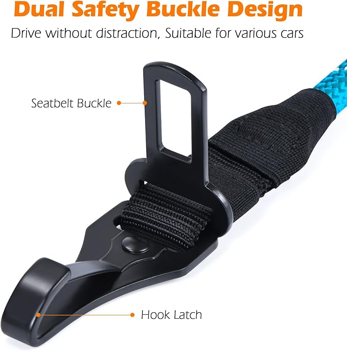 PetBonus Dog Seat Belt for Car, Durable Rope Dog Car Harness Seatbelt for Vehicle, Pet Tether Safety Restraint with Heavy Duty Buckle Hook Latch Lockable Clip for Small Medium Large Breeds(Light Blue)