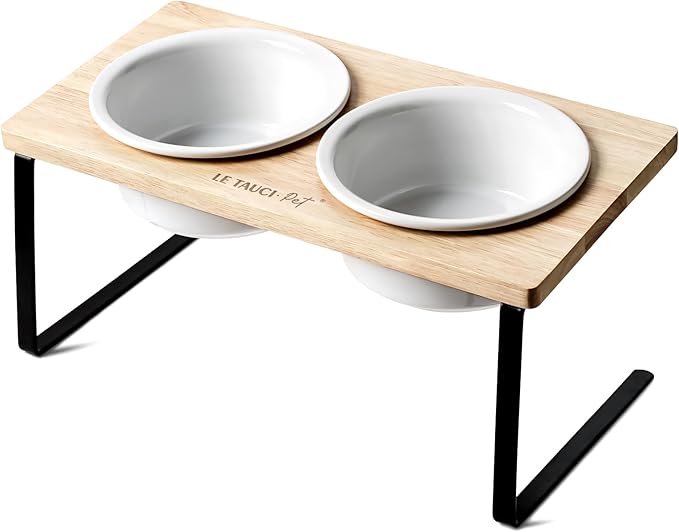 LE TAUCI PET Elevated Dog Bowls, Raised Dog Bowl Stand with Two 6.5 inch Ceramic Bowl, Non-Slip Puppy Food and Water Bowls, Dogs Feeder for Small and Medium Breed, White