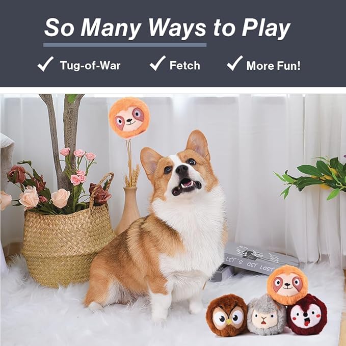 HugSmart Pet Zoo Ball (4-Pack) Plush and Squeaky Tennis Ball for Dog | No Stuffing Tough Interactive Fetch Dog Toys for Small Medium Large Dogs (Fox, Owl, Sloth, Sheep)