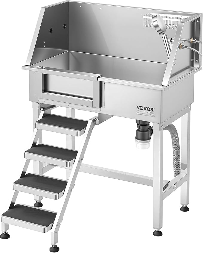 VEVOR 34" Dog Washing Station Professional Stainless Steel Pet Grooming Tub Bathtub Dog Wash Sink with Shower Faucet Soap Holder Non-Slip Stairs Easy-Clean for Small Dogs Cats Left Door