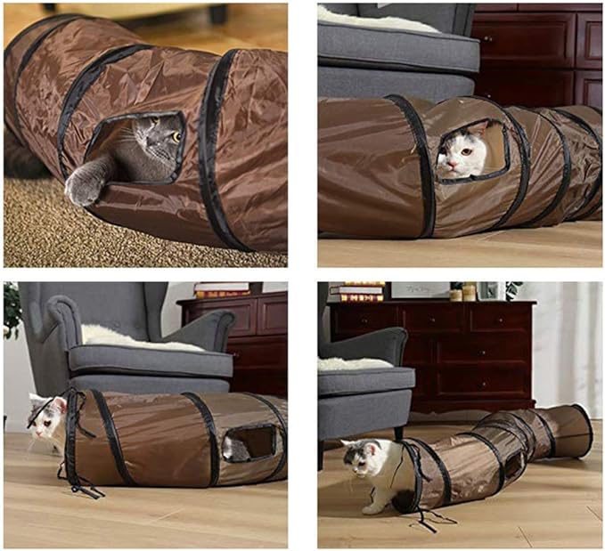 Andiker Cat Tunnel, S-Shape Cat Tube Collapsible Kitten Play Toy with 2 Side Holes for Kitten Exercising Hiding Training and Running Cats Toy for Indoor Cats(Brown)