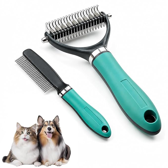 Pet Grooming Brush Tool, Double Sided Dematting Comb for Cats & Dogs, Undercoat Rake Safe Dog Deshedding Brush, Pet Dematting Comb for Long Thick Haired Pets, Removes Tangles Knots and Loose (#1Green)