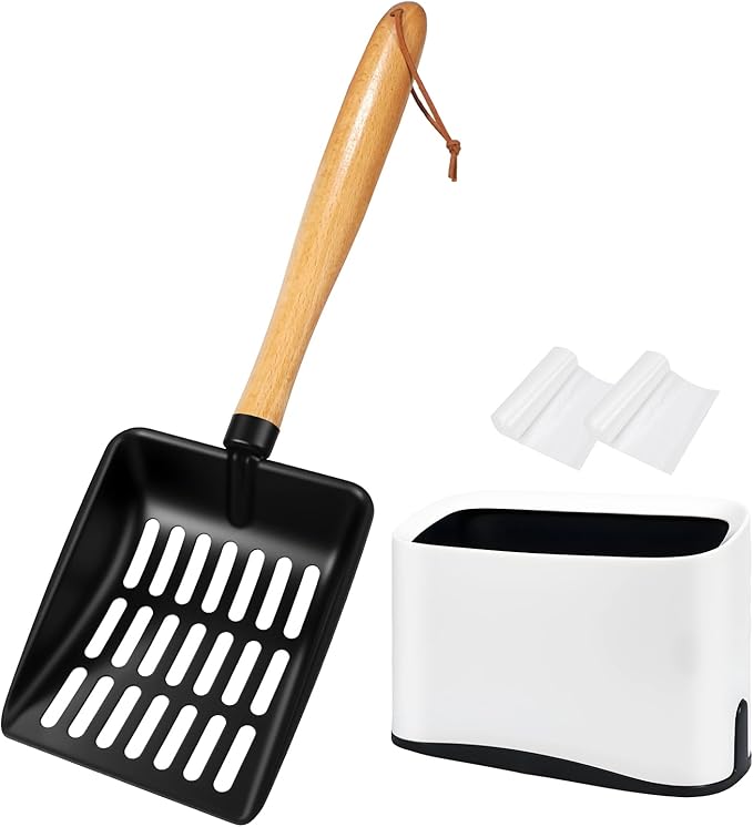 Cat Litter Scoop, Metal Litter Scoop, Heavy Duty Metal Cat Scooper for Litter Box, Black Sifter Scoop for Pellets, Wooden Handle Scoop with Hole, Kitty Necessity (Cat Litter Scoop Long with Holder)