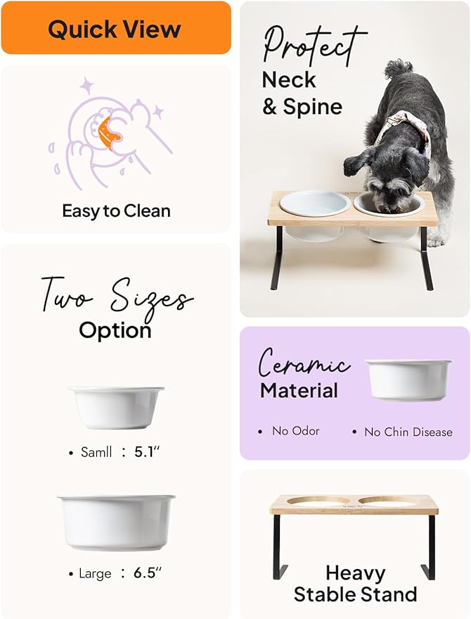 LE TAUCI PET Elevated Dog Bowls, Raised Dog Bowl Stand with Two 6.5 inch Ceramic Bowl, Non-Slip Puppy Food and Water Bowls, Dogs Feeder for Small and Medium Breed, White