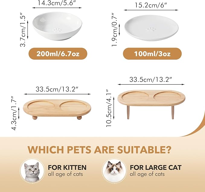 Havniva Cat Bowls Elevated 5.6” Ceramic Cat Bowl with Stand Whisker Friendly Shallow Cat Dishes, Cat Food & Water Bowl Set with Two Heights Options, Anti-Slip Raised Cat Food Bowl for Kitten