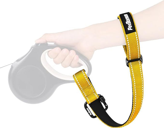 PetBonus Dog Leash Wrist Strap, Safety Strap for Retractable Leash, Lockable Reflective Short Dog Walking Lead with Adjustable Soft Padded Handle, Extra Layer Security for Pet Stroller (Yellow)