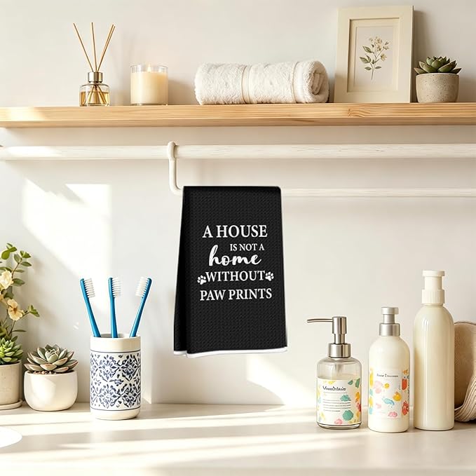 House Warming Gifts New Home, Dog Themed Gift Kitchen Towels 24x14 Inch, Dogs Mom Gifts for Women, Dog Decorations for The Home Bathroom, Paw Prints Kitchen Tea Hand Towels, Waffle Dish Towel (Black)