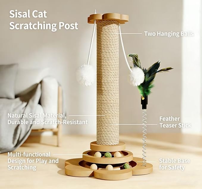 Cat Scratching Post, cat scratchers for Indoor Cats Natural Sisal Scratcher with 2-Level Trackball & 2 Hanging Balls, Sturdy cat Scratching Post 4-in-1 Interactive Kitten Toy for Indoor Cats